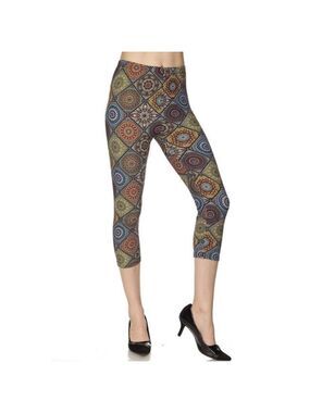 LEGGINGS DEPOT BROWN & Green Multi Color Abstract Print Capris Size 12 NWT